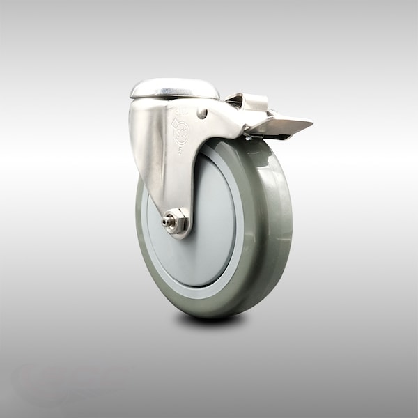 5 Inch 316SS Gray Polyurethane Swivel Bolt Hole Caster with Total Lock Brake